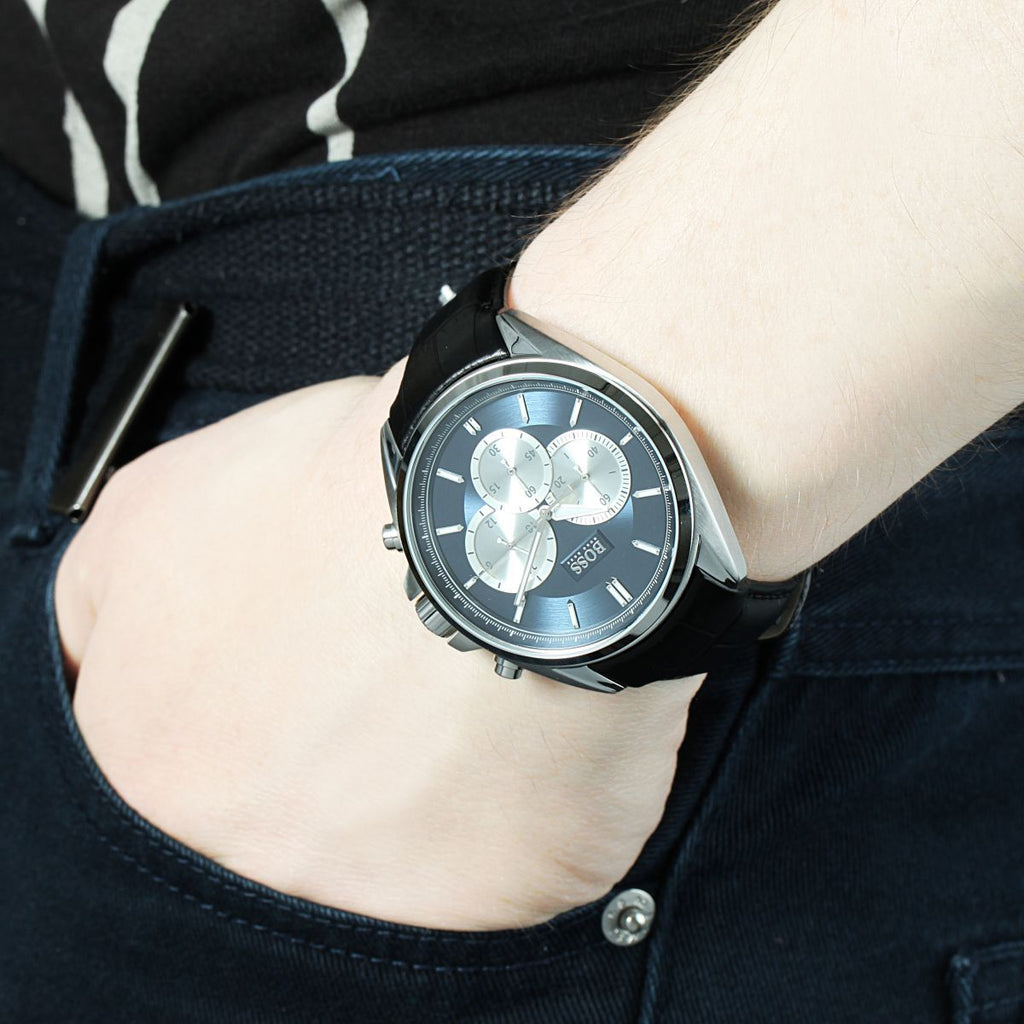 Hugo Boss Driver Blue Dial Black Leather Strap Watch for Men - 1512882 Buy Now By Hugo Boss