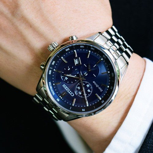 Citizen Eco Drive Chronograph Blue Dial Silver Steel Strap Watch For Men - AT2140-55L Buy Now By Citizen