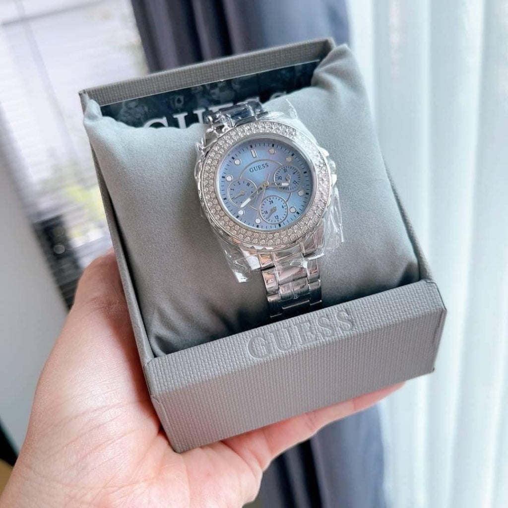 Guess Crown Jewel Diamonds Blue Dial Silver Steel Strap Watch for Women - GW0410L1 Buy Now By Guess