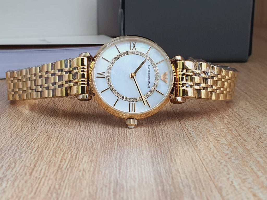 Emporio Armani Gianni T Bar White Mother of Pearl Dial Gold Steel Strap Watch For Women - AR1907 Buy Now By Emporio Armani