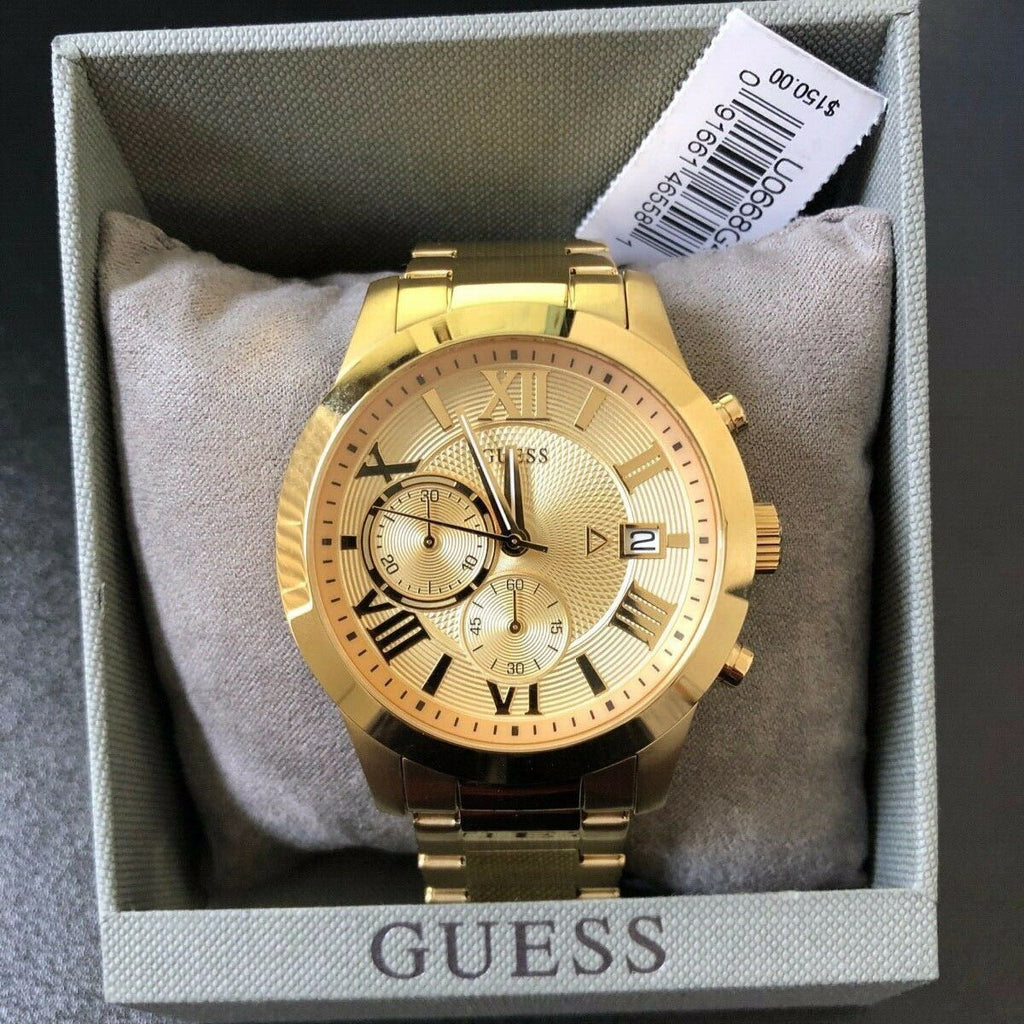 Guess Atlas Chronograph Gold Dial Gold Steel Strap Watch For Men - W0668G4 Buy Now By Guess