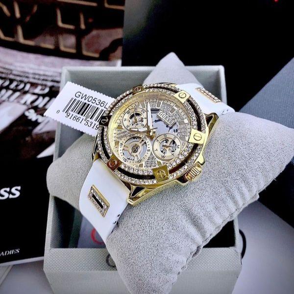 Guess Queen Quartz Gold Dial White Silicone Strap Watch For Women - GW0536L2 Buy Now By Guess