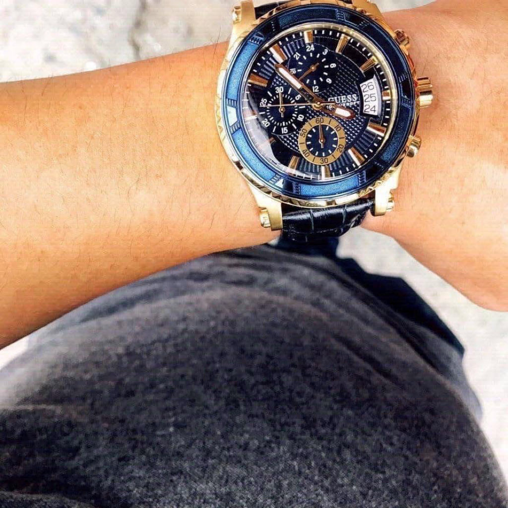 Guess Pinnacle Chronograph Quartz Blue Dial Blue Leather Strap Watch For Men - W0673G2 Buy Now By Guess