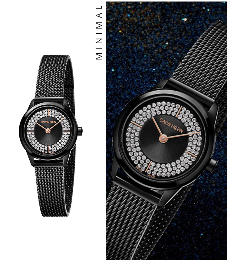 Calvin Klein Minimal Diamonds Black Dial Black Mesh Bracelet Watch for Women - K3M2342R Buy Now By Calvin Klein