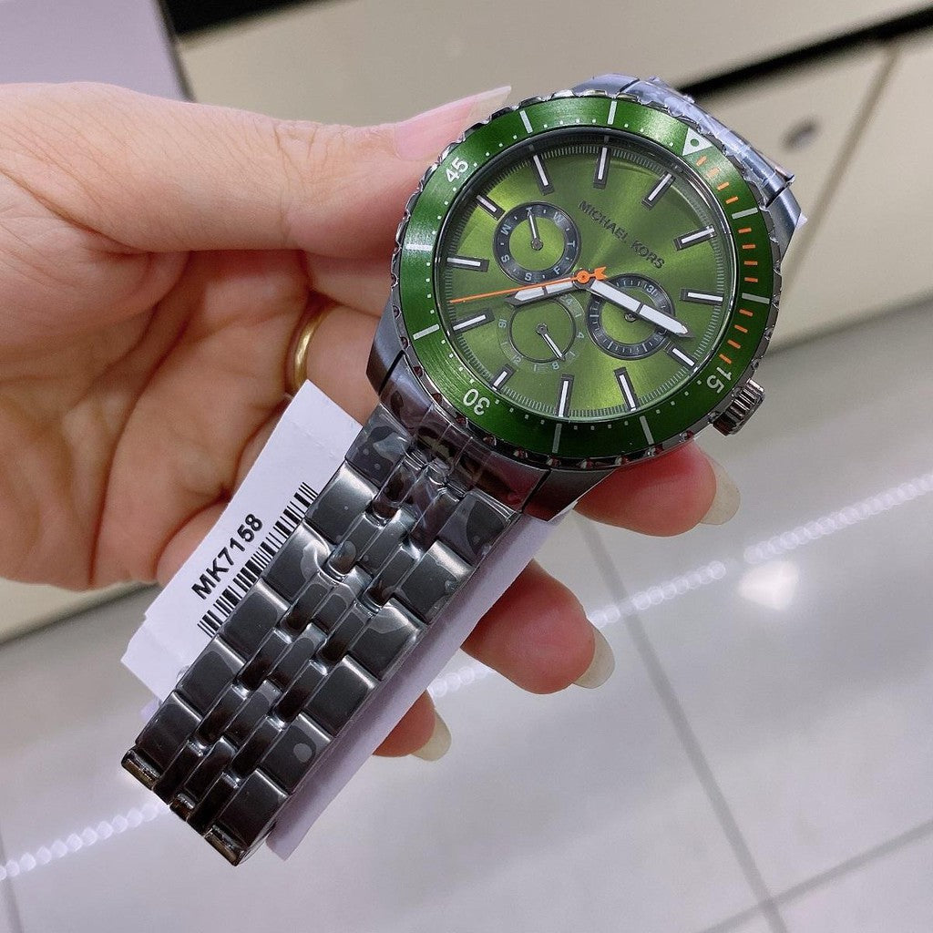 Michael Kors Cunningham Multifunction Chronograph Green Dial Grey Steel Strap Watch For Men - MK7158 Buy Now By Michael Kors