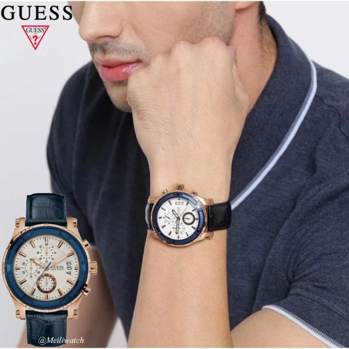 Guess Pinnacle Chronograph White Dial Blue Leather Strap Watch For Men - W0673G6 Buy Now By Guess