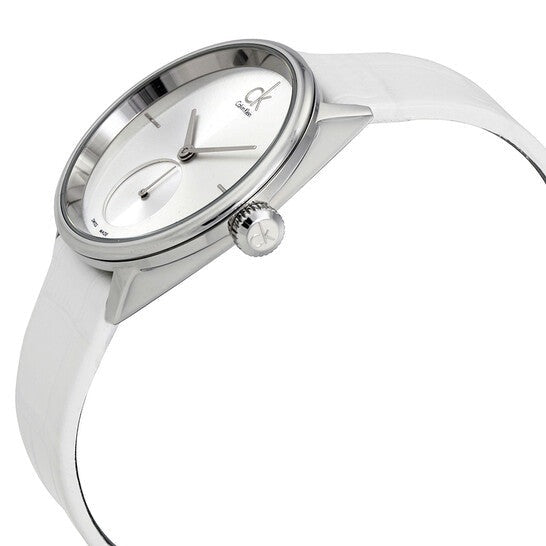 Calvin Klein Accent Silver Dial White Leather Strap Watch for Women - K2Y231K6 Buy Now By Calvin Klein