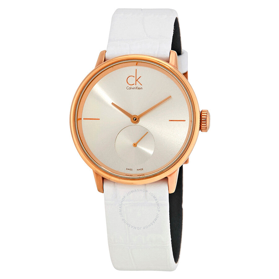 Calvin Klein Accent Silver Dial White Leather Strap Watch for Women - K2Y236K6 Buy Now By Calvin Klein