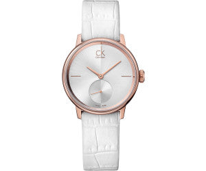 Calvin Klein Accent Silver Dial White Leather Strap Watch for Women - K2Y216K6 Buy Now By Calvin Klein