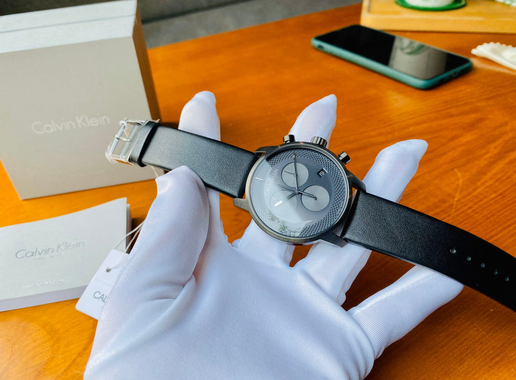 Calvin Klein City Chronograph Grey Dial Black Leather Strap Watch for Men - K2G177C3 Buy Now By Calvin Klein
