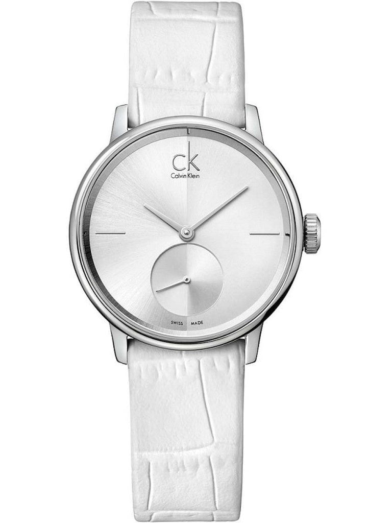 Calvin Klein Accent Silver Dial White Leather Strap Watch for Women - K2Y231K6 Buy Now By Calvin Klein