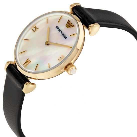 Emporio Armani Gianni T-Bar Quartz Mother of Pearl Dial Black Leather Strap Watch For Women - AR1910 Buy Now By Emporio Armani
