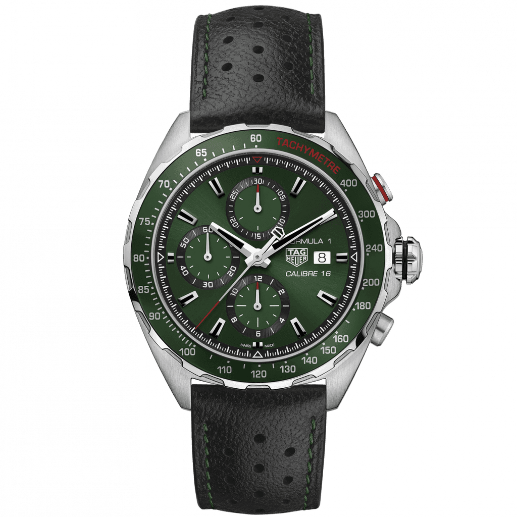 Tag Heuer Formula 1 Calibre 16 Automatic Chronograph Green Dial Black Leather Strap Watch for Men - CAZ2016.FC6473 Buy Now By Tag Heuer