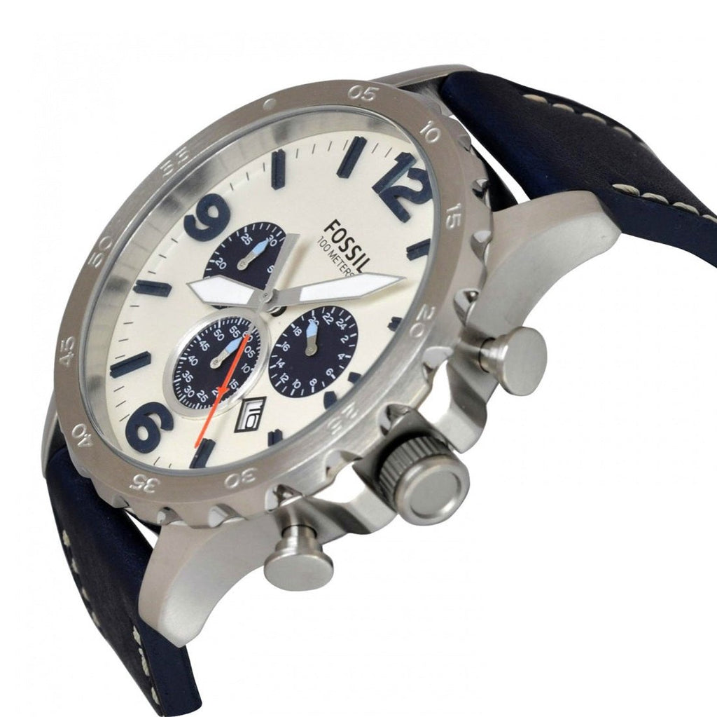 Fossil Nate Chronograph White Dial Blue Leather Strap Watch for Men - JR1480 Buy Now By Fossil