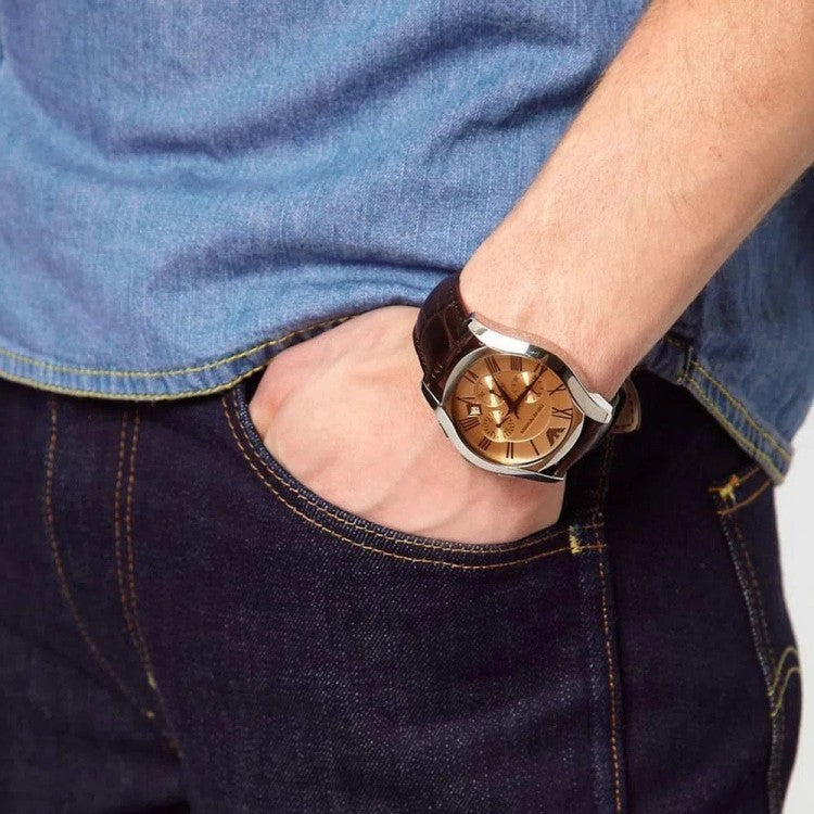 Emporio Armani Valente Chronograph Amber Dial Brown Leather Strap Watch For Men - AR1634 Buy Now By Emporio Armani