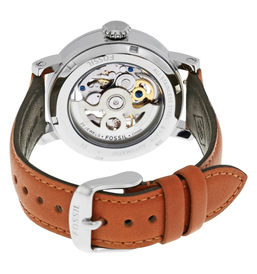 Fossil Boyfriend Automatic Skeleton Silver Dial Brown Leather Strap Watch for Women - ME3109 Buy Now By Fossil