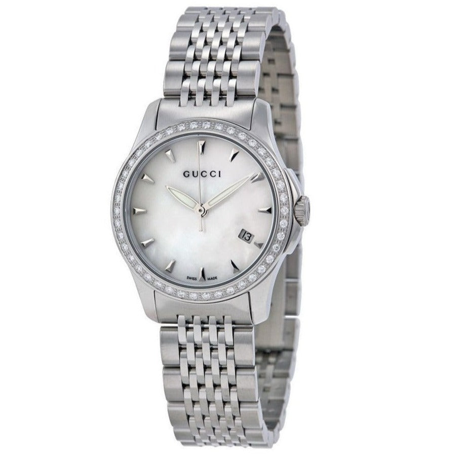 Gucci G Timeless Diamonds Mother of Pearl Dial Silver Steel Strap Watch For Women - YA126506 Buy Now By Gucci