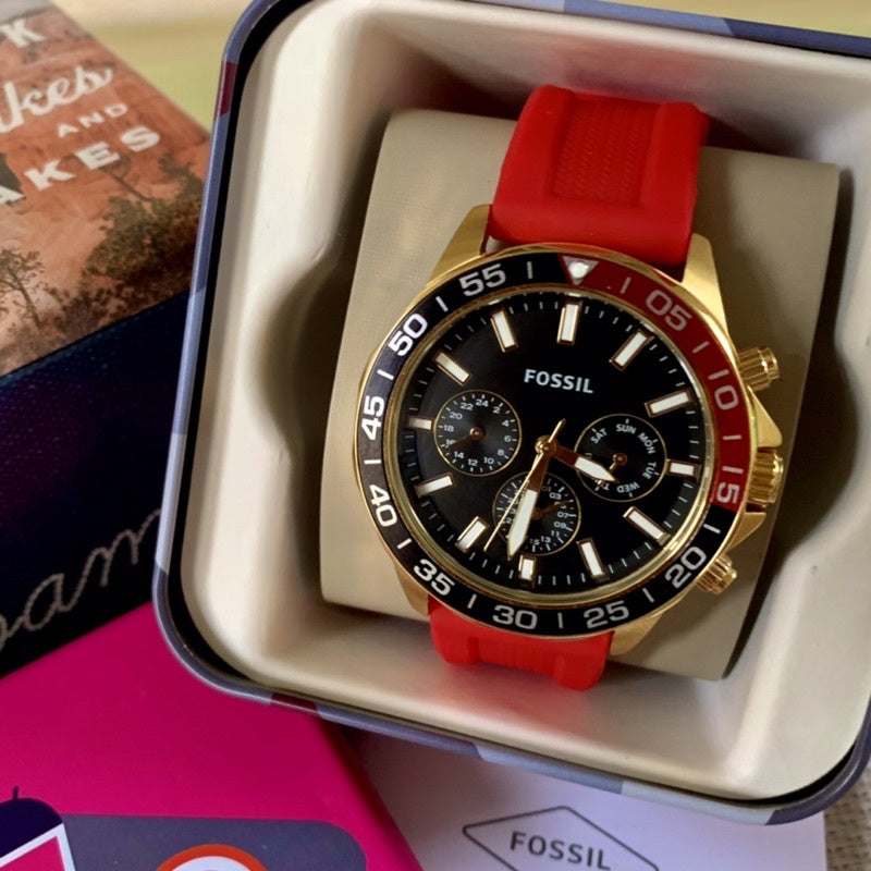 Fossil Bannon Multifunction Black Dial Red Silicone Strap Watch for Men - BQ2499 Buy Now By Fossil