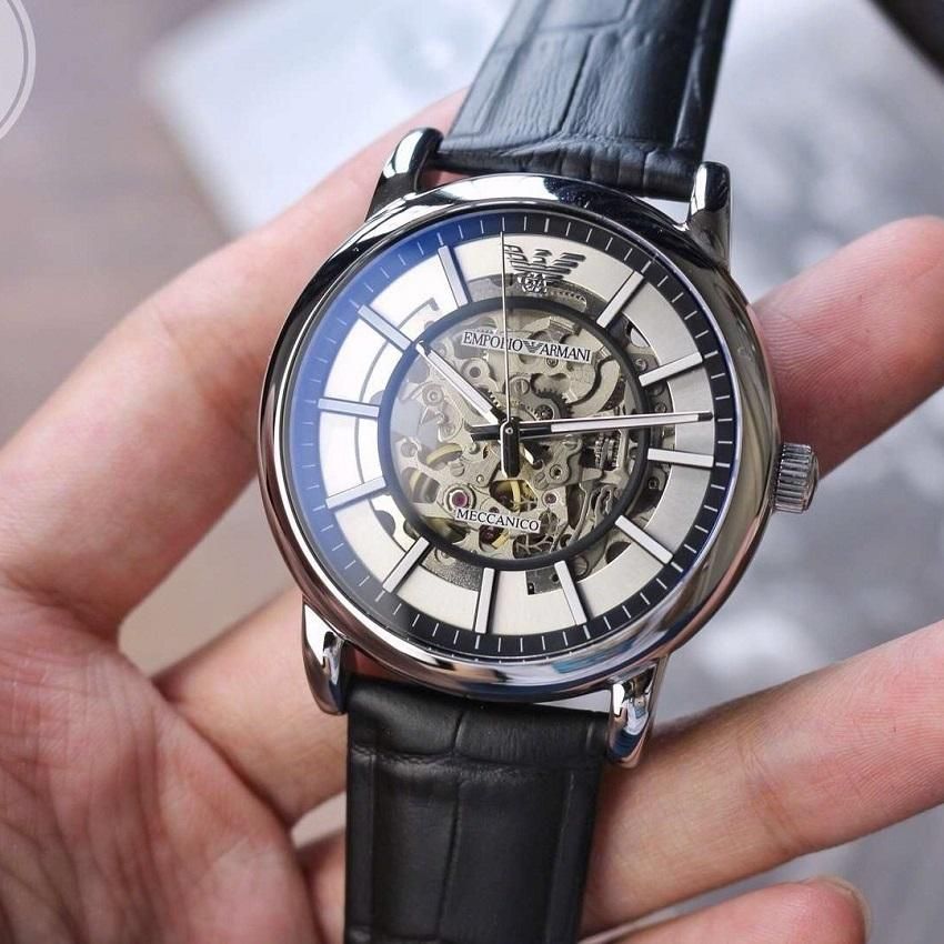 Emporio Armani Luigi Silver Skeleton Dial Black Leather Strap Watch For Men - AR1981 Buy Now By Emporio Armani