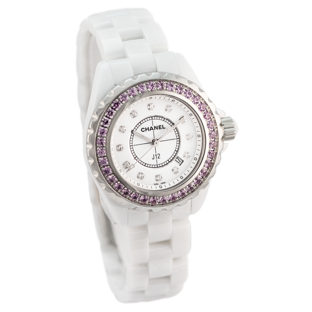 Chanel J12 Sapphire Bezel Ceramic White Dial White Steel Strap Watch for Women - J12 H2010 Buy Now By Chanel