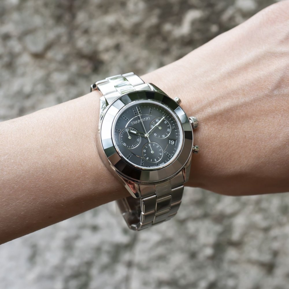 Swarovski Octea Lux Sport Chronograph Black Dial Silver Steel Strap Watch for Women - 5610520 Buy Now By Swarovski