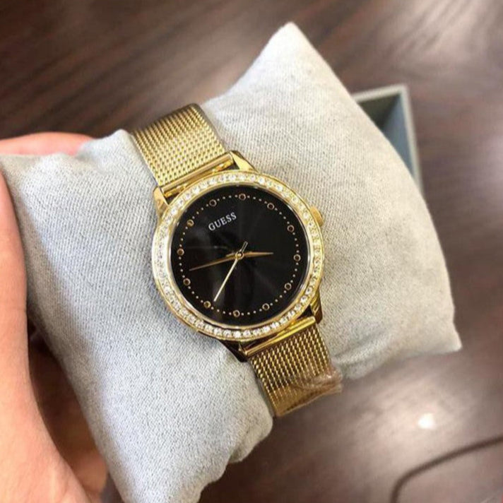 Guess Chelsea Crystals Black Dial Gold Mesh Bracelet Watch For Women - W0647L8 Buy Now By Guess