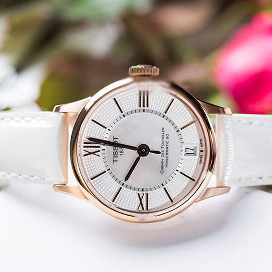 Tissot Chemin Des Tourelles Powermatic 80 Lady Silver Dial White Leather Strap Watch For Women - T099.207.36.118.00 Buy Now By Tissot