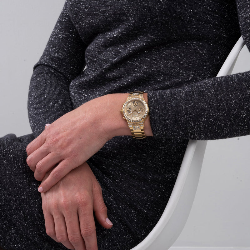 Guess Moonlight Multi Function Diamonds Gold Dial Gold Steel Strap Watch for Women - GW0320L2 Buy Now By Guess