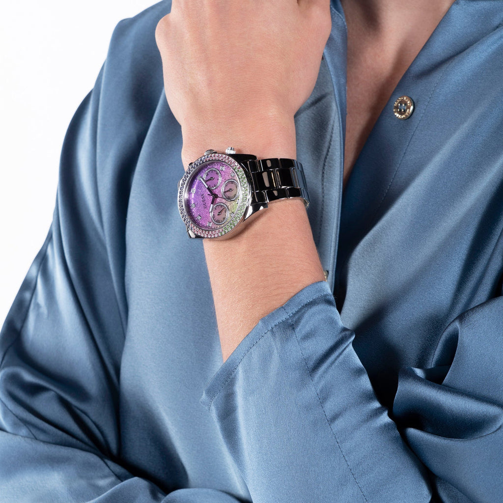 Guess Sol Chronograph Crystals Multicolor Dial Silver Steel Strap Watch For Women - GW0483L1 Buy Now By Guess