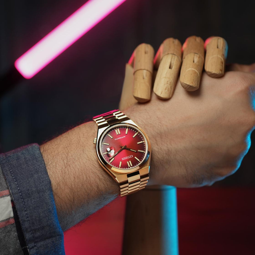 Citizen Tsuyosa Automatic Red Dial Gold Steel Strap Watch For Men - NJ0153-82X Buy Now By Citizen