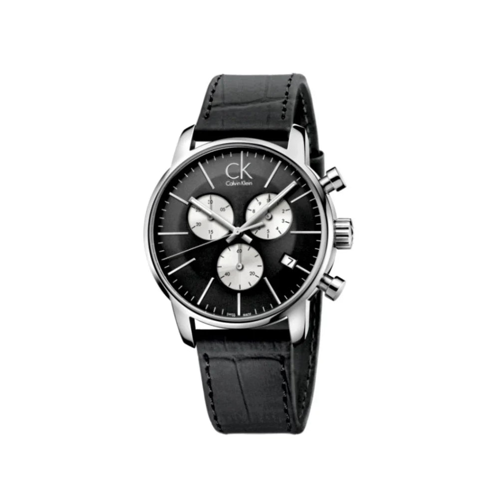 Calvin Klein City Chronograph Black Dial Black Leather Strap Watch for Men - K2G271CX Buy Now By Calvin Klein