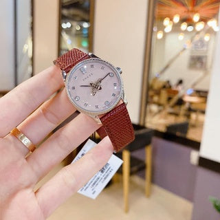 Gucci G Timeless Quartz Diamonds Pink Dial Red Leather Strap Watch For Women - YA1265017 Buy Now By Gucci