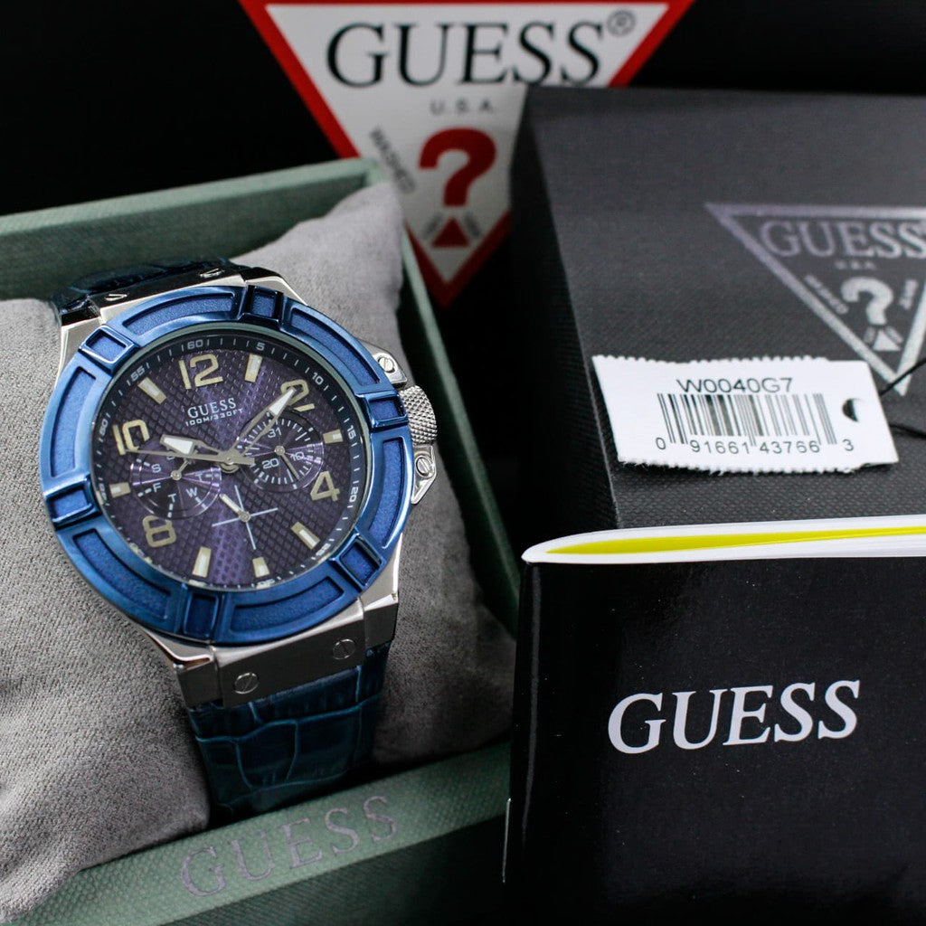 Guess Rigor Multifunction Chronograph Blue Dial Blue Leather Strap Watch For Men - W0040G7 Buy Now By Guess