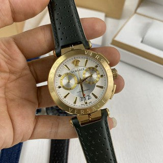Versace Aion Chronograph White Dial Green Leather Strap Watch for Men - VBR020017 Buy Now By Versace