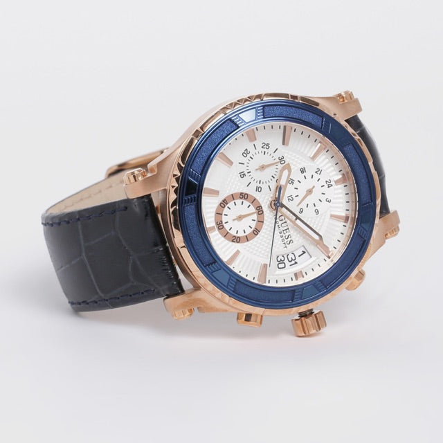 Guess Pinnacle Chronograph White Dial Blue Leather Strap Watch For Men - W0673G6 Buy Now By Guess
