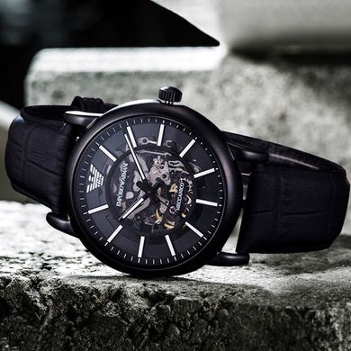 Emporio Armani Meccanico Automatic Skeleton Dial Black Leather Strap Watch For Men - AR60008 Buy Now By Emporio Armani