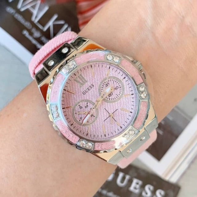 Guess Limelight Quartz Diamonds Pink Dial Pink Denim Strap Watch For Women - W0775l15 Buy Now By Guess