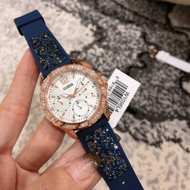 Guess Swirl Analog Quartz White Dial Blue Rubber Strap Watch for Women - W1096L4 Buy Now By Guess