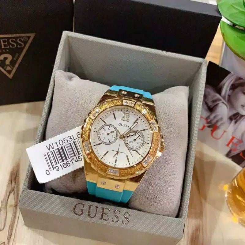 Guess Limelight Crystal White Dial Light Blue Rubber Strap Watch for Women - W1053L6 Buy Now By Guess