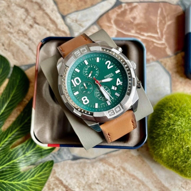 Fossil Dillinger Luggage Chronograph Green Dial Brown Leather Strap Watch for Men - FS5734 Buy Now By Fossil