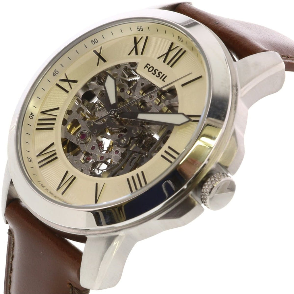 Fossil Grant Automatic Beige Skeleton Dial Brown Leather Strap Watch for Men - ME3099 Buy Now By Fossil