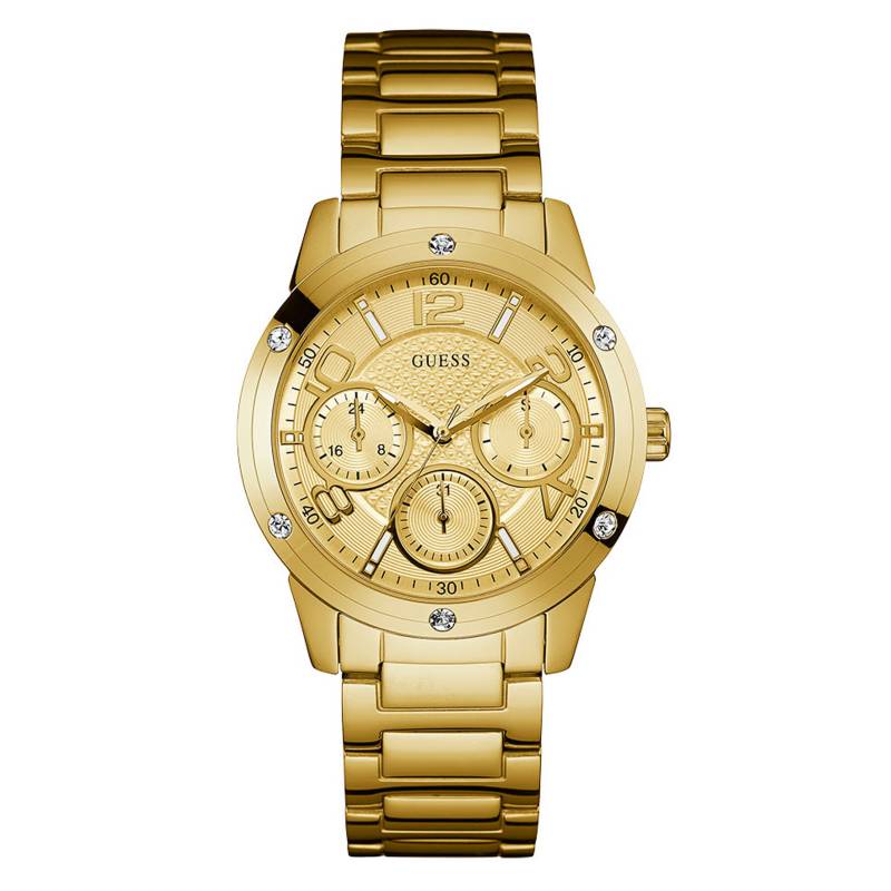 Guess Crystal Multifunction Gold Dial Gold Steel Strap Watch for Women - W0778L2 Buy Now By Guess