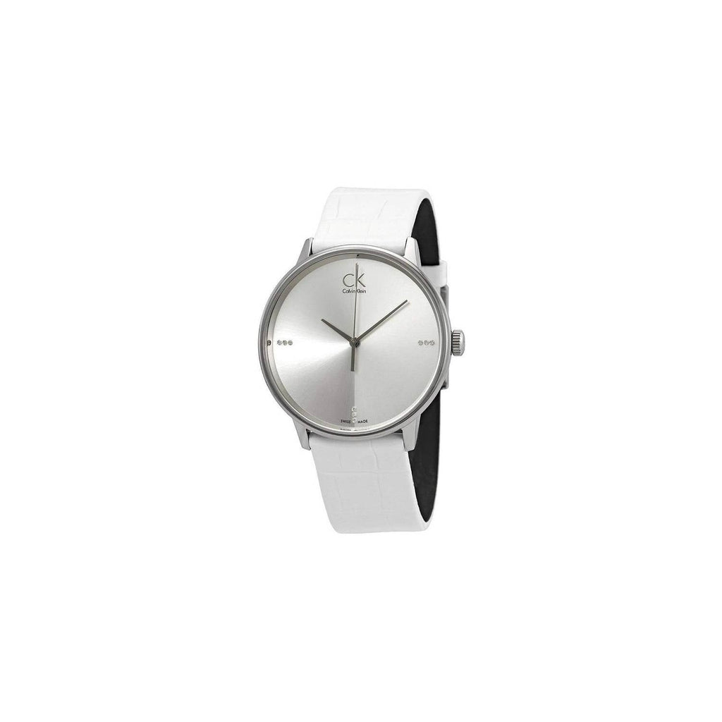 Calvin Klein Accent Silver Dial White Leather Strap Watch for Women - K2Y2X1K6 Buy Now By Calvin Klein