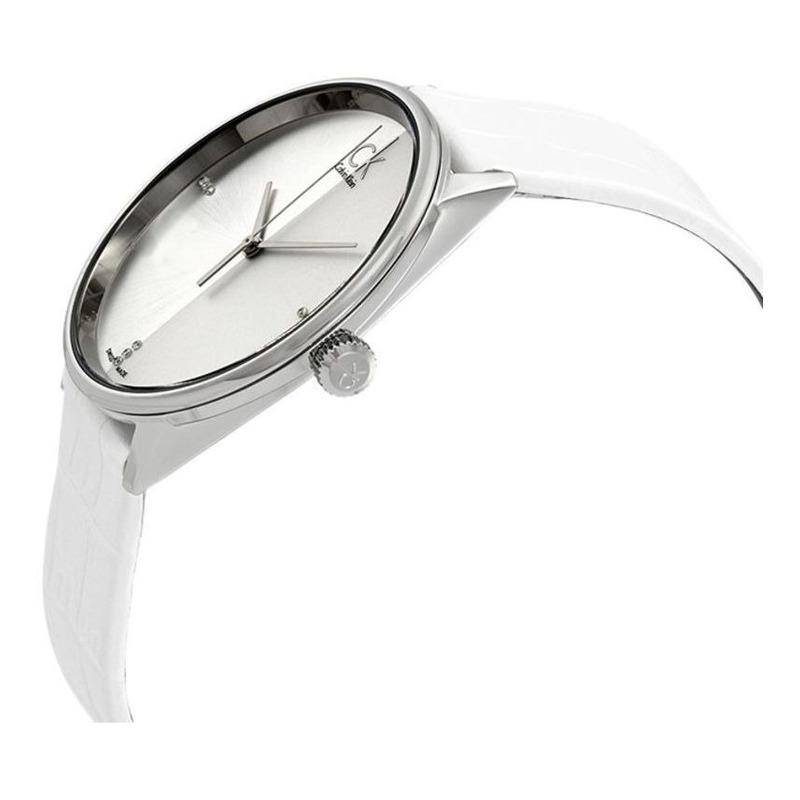 Calvin Klein Accent Silver Dial White Leather Strap Watch for Women - K2Y2Y1KW Buy Now By Calvin Klein