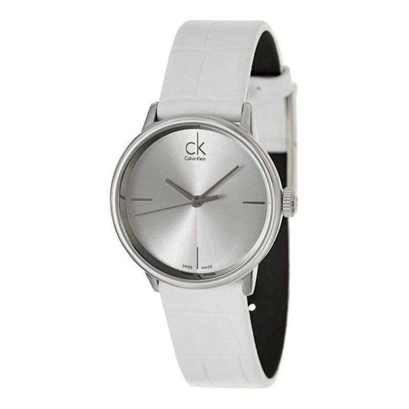 Calvin Klein Accent Silver Dial White Leather Strap Watch for Women - K2Y2X1K6 Buy Now By Calvin Klein