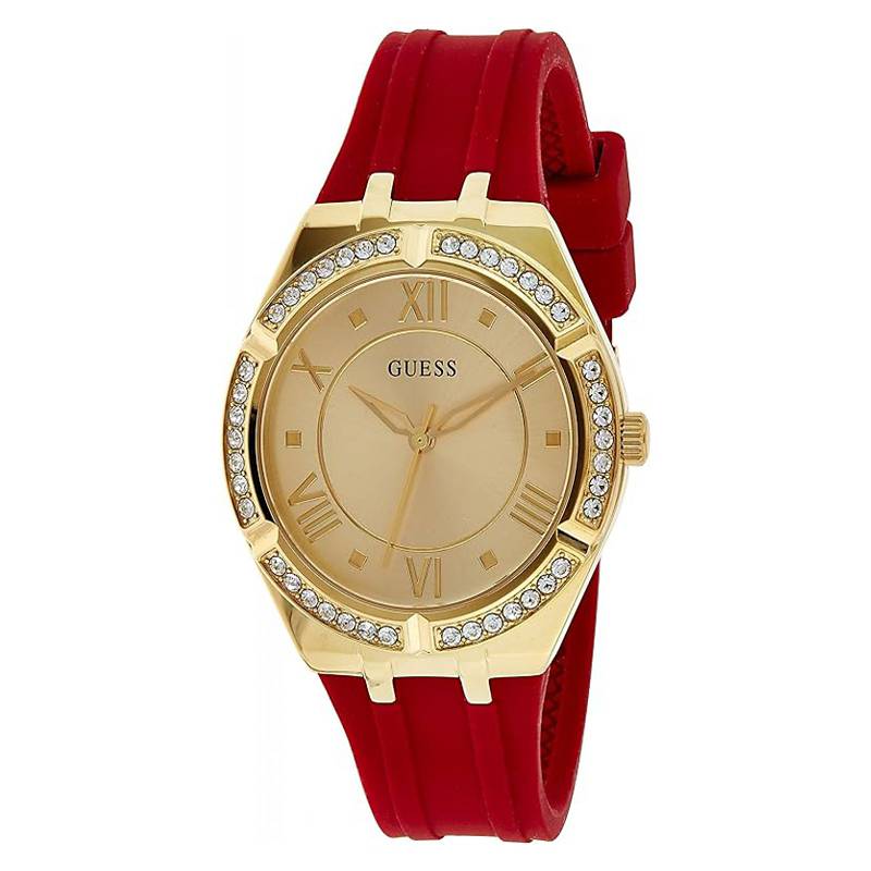 Guess Cosmo Diamonds Gold Dial Red Rubber Strap Watch for Women - GW0034L6 Buy Now By Guess