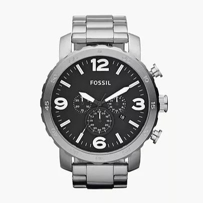 Fossil Nate Chronograph Black Dial Silver Steel Strap Watch for Men - JR1353 Buy Now By Fossil