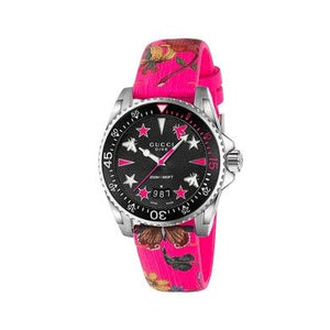 Gucci Dive Quartz Black Dial Pink Leather Strap Watch For Women - YA136326 Buy Now By Gucci