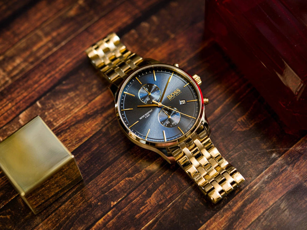 Hugo Boss Associate Blue Dial Gold Steel Strap Watch for Men - 1513841 Buy Now By Hugo Boss