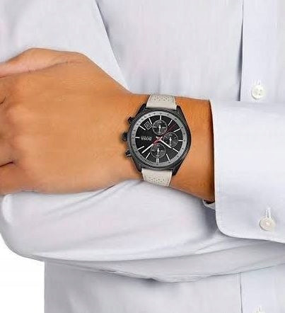 Hugo Boss Grand Prix Chronograph Black Dial Grey Leather Strap Watch for Men - 1513562 Buy Now By Hugo Boss